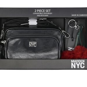 Madden NYC Women's Faux Leather Camera Handbag with Charm Keychain, Black Glaze